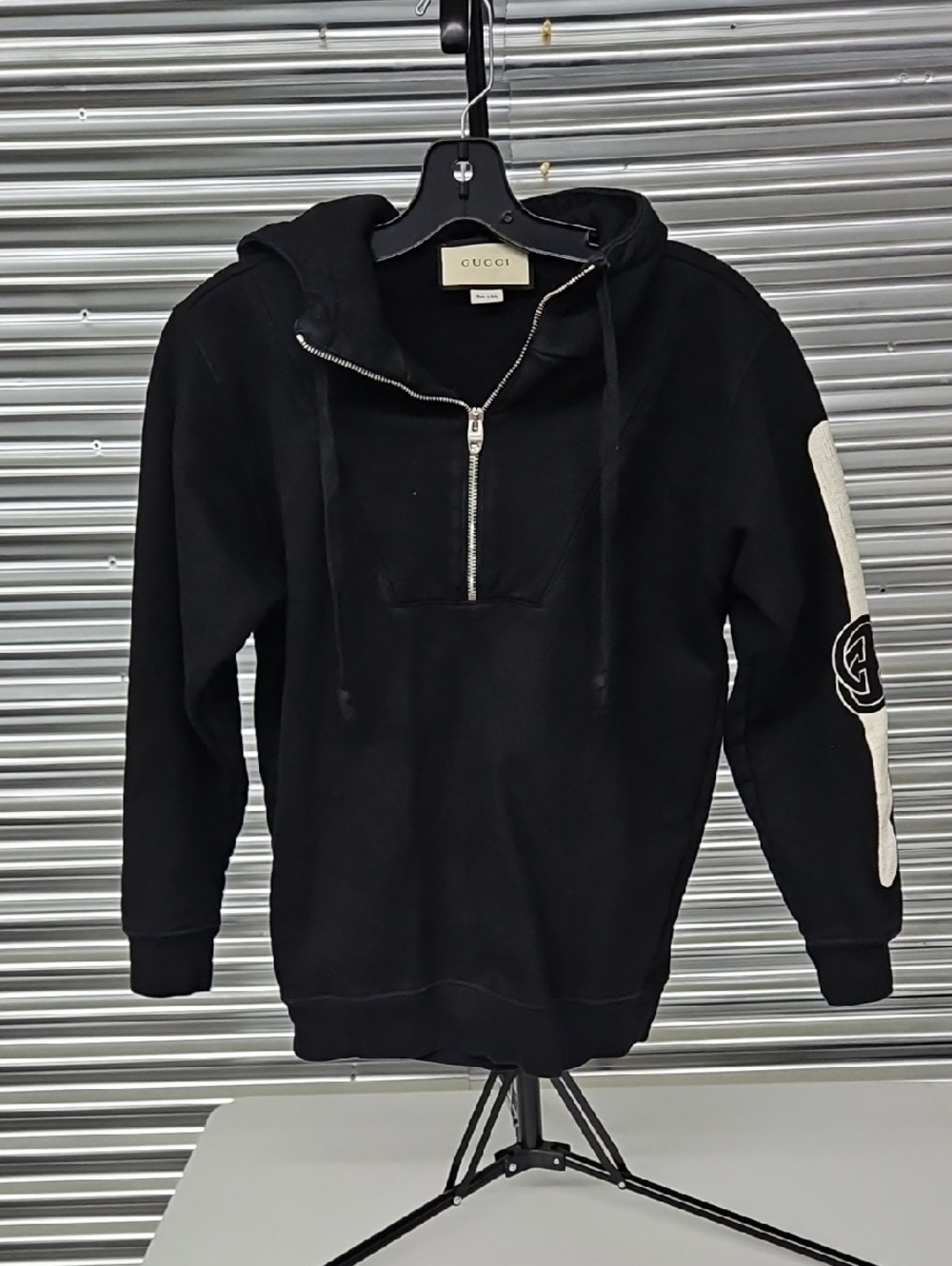 Gucci Black Half-Zip Pullover Hoodie with Sleeve Patch